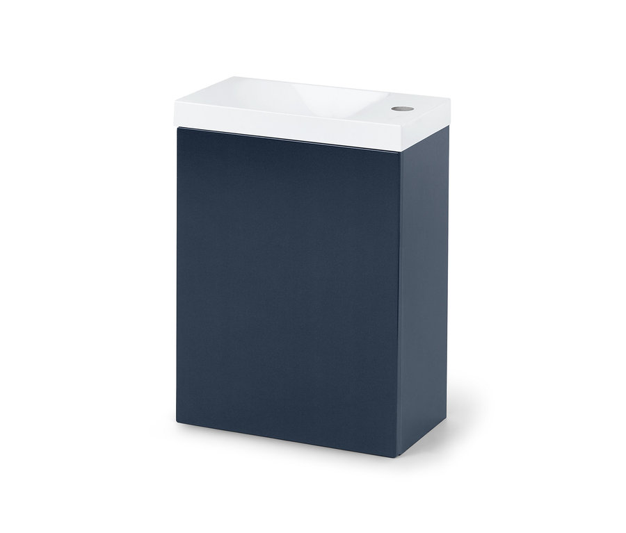 Blaues Gäste-WC-Waschbecken mit weißem Waschbeckenaufsatz.