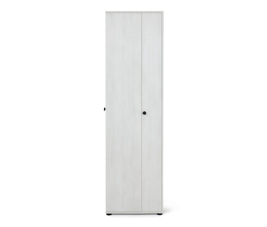 Ein heller Mehrzweckschrank mit zwei Türen und runden, schwarzen Griffen.