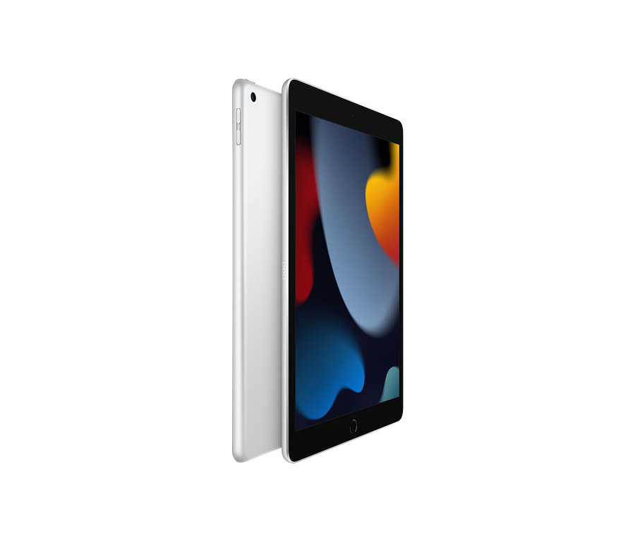 Ein silberfarbenes Apple iPad 9. Generation mit 64 GB, Wi-Fi und schwarzem Rahmen, dessen Bildschirm aktiviert ist.