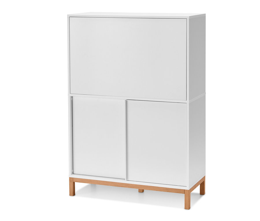 Weißer Officeschrank zum Aufklappen mit Holzfüßen.