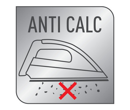 Symbol „Anti Calc“: stilisierte Bügeleisen-Zeichnung mit rotem X über Kalkablagerungen.