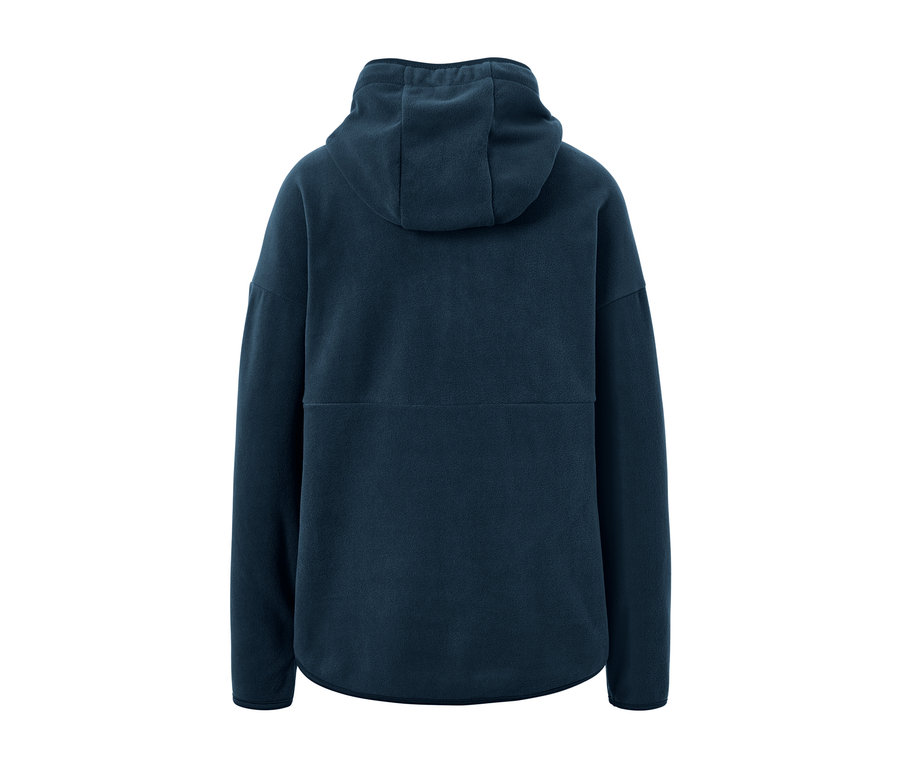 Rückansicht eines marineblauen Kapuzen-Fleece-Pullovers.