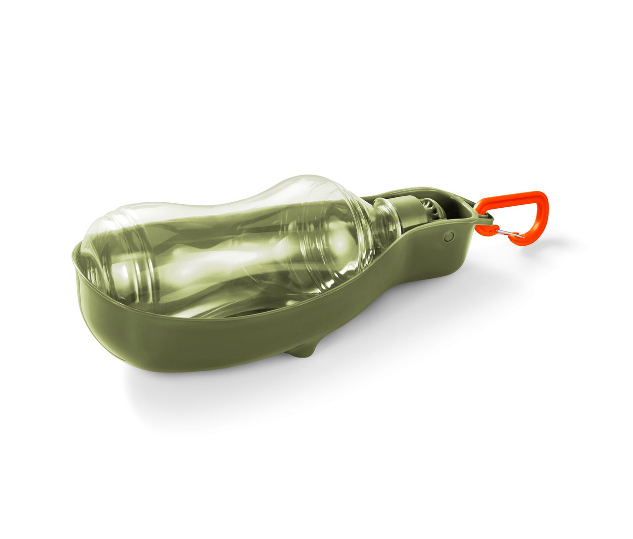 Eine grüne Hunde-Trinkflasche mit integrierter Trinkschale.