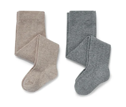 Zwei Baby-Strumpfhosen: beige und grau.