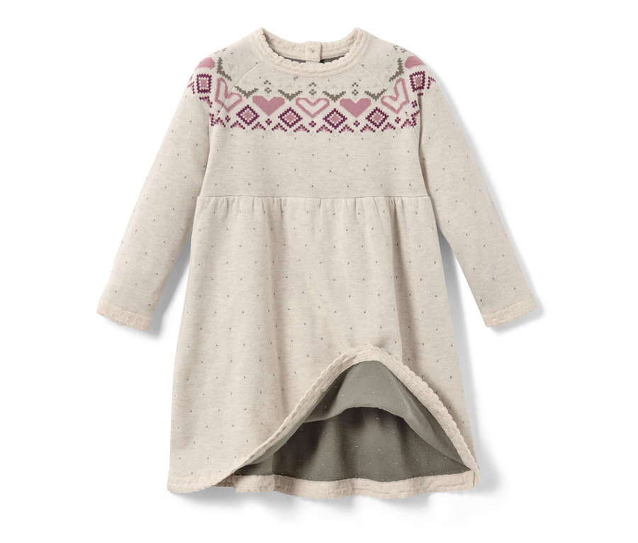 Kinder-Strick-Kleid mit Norwegermuster aus Herzen und Punkten.