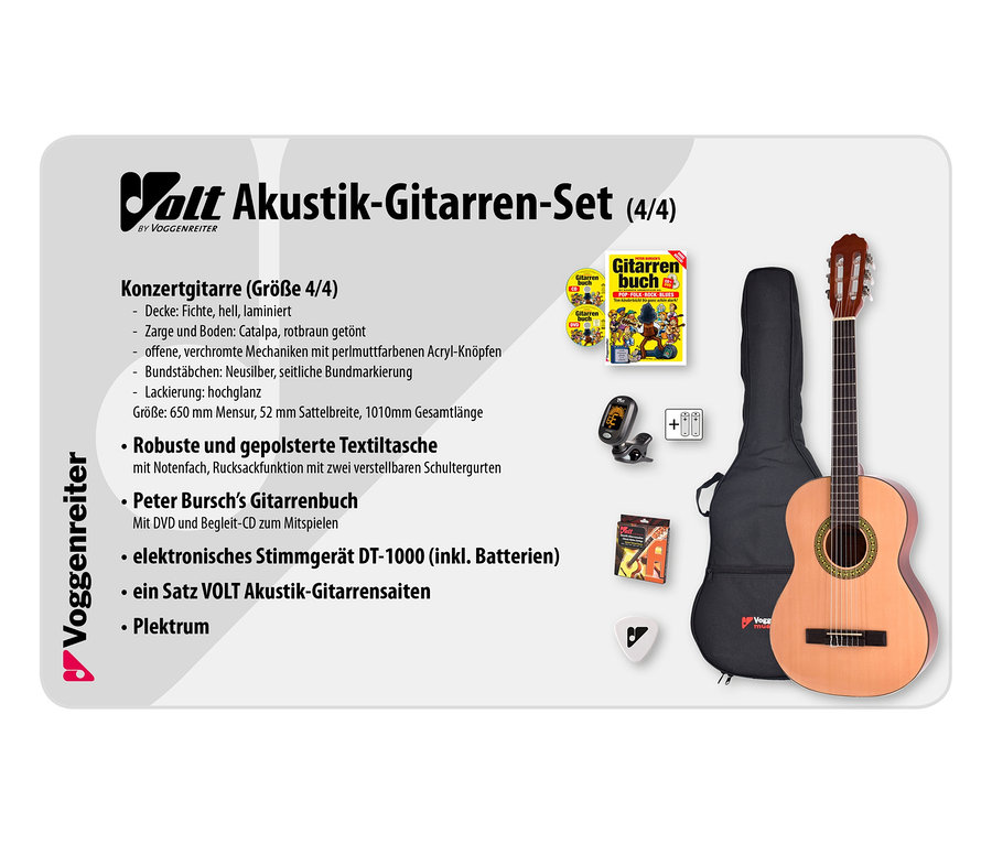 Voggenreiter VOLT Akustik Gitarren-Set 4/4 mit Gitarre, Tasche, Buch, Stimmgerät, Saiten und Plektrum.