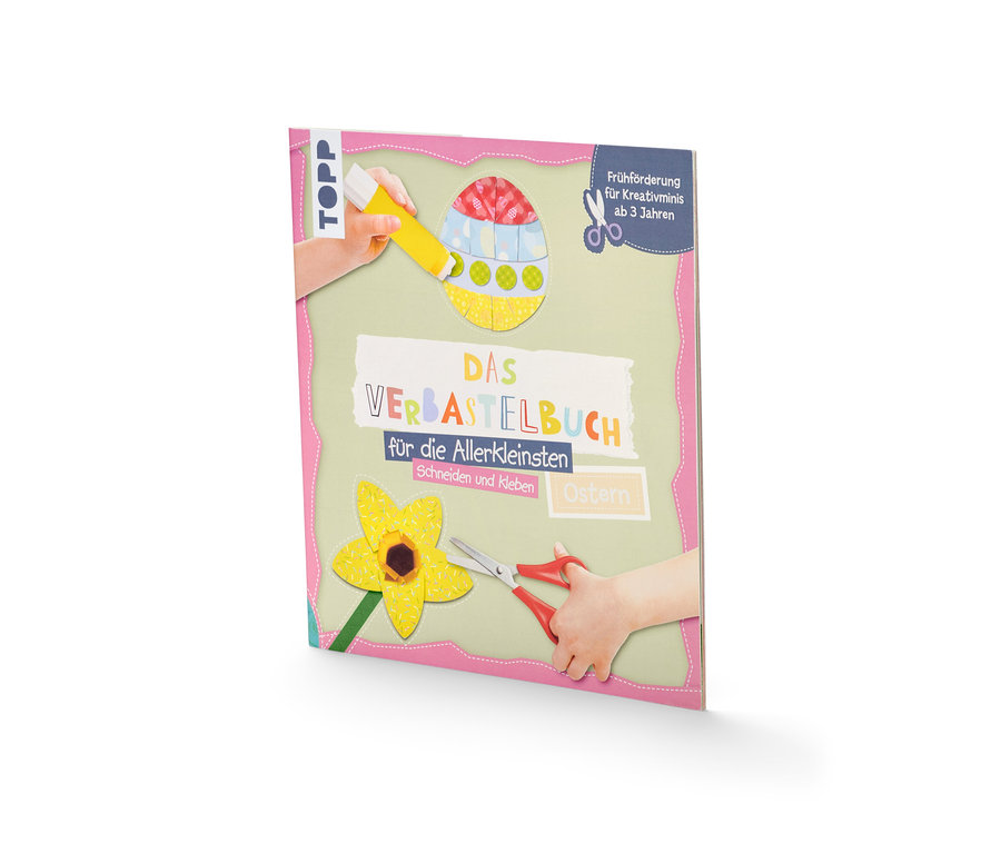 Kinderhände mit Kleber und Schere beim Buch "Das Verbastelbuch für die Allerkleinsten – Ostern".