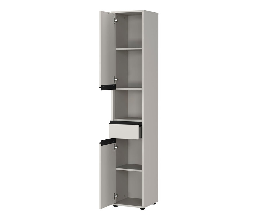 Geöffneter Hochschrank „Lemont“ in Steingrau mit Regalen und Schublade.