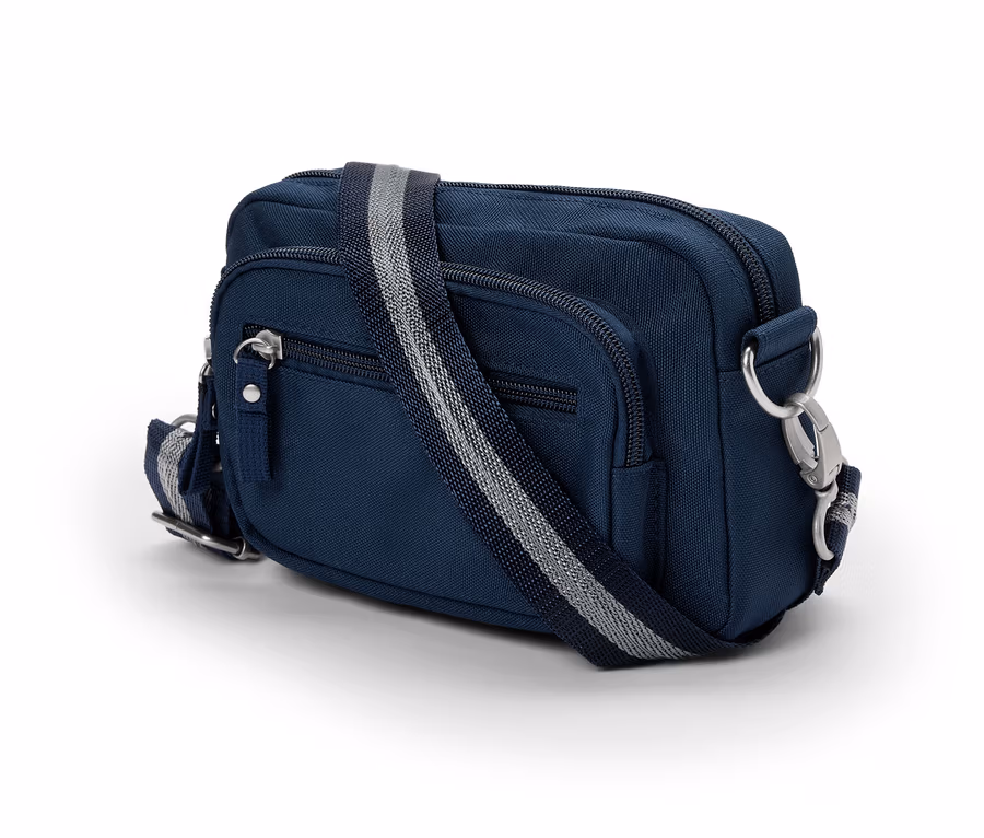 Blaue Sicherheits-Umhänge-und-Bauchtasche mit silbernem Reißverschluss und gestreiftem Riemen.