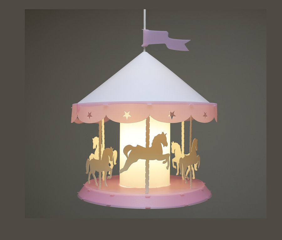 Nahaufnahme der Deckenlampe »Karussell« mit Pferde-Motiven.