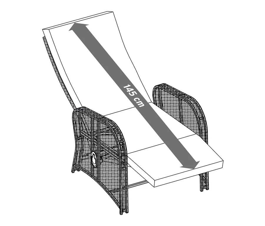 Illustration eines Sessel-Sets mit ausklappbarer Fußlehne und einem Pfeil mit den Maßen 145 cm.