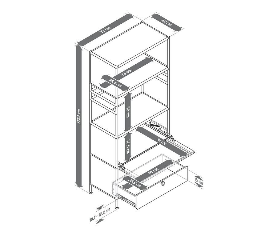 Abbildung eines Regal Metalls »CN3« mit 1 Klappenfach und 2 Schubladen, inklusive Maßangaben.