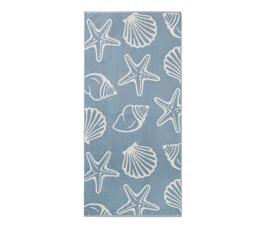 Blaues XL-Badetuch mit Muschelmuster.