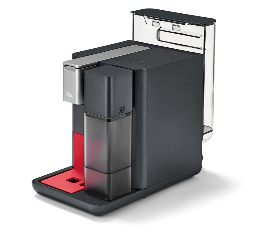 Eine Qbo MILK MASTER Lipstick Red Kaffeemaschine in Schwarz und Grau.