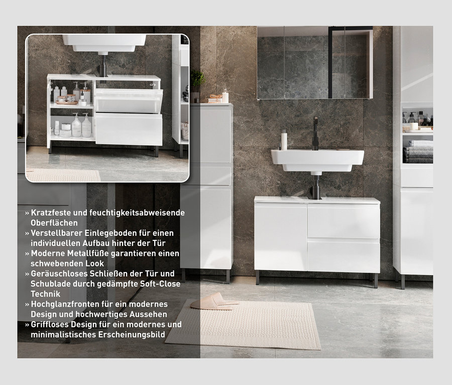 Badezimmer mit weißem Waschbeckenunterschrank »Salinas«.