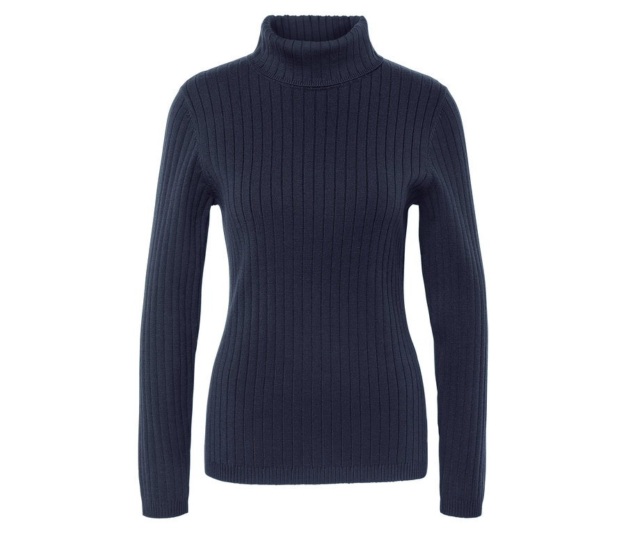 Marineblauer Rollkragenpullover mit langen Ärmeln.