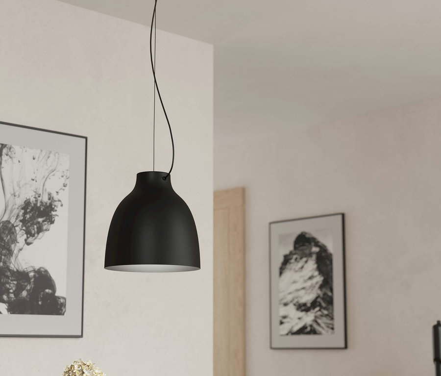 Eine schwarze Hängelampe hängt über einem Tisch mit einer Blumenvase und einer Schale.