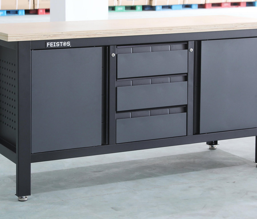 Frontansicht der grauen FEISTOS Werkbank Heros 2 mit Schubladen.