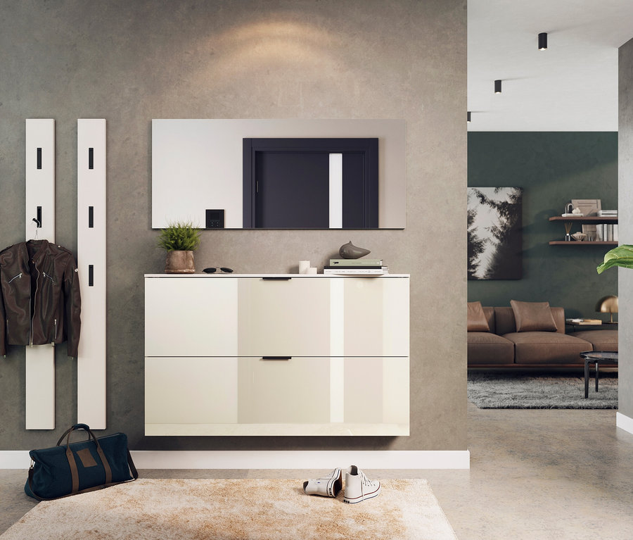 Flur mit Schuhschrank »Valega«, kaschmir, Spiegel, Kleiderhaken, Jacke, Tasche und Schuhen.
