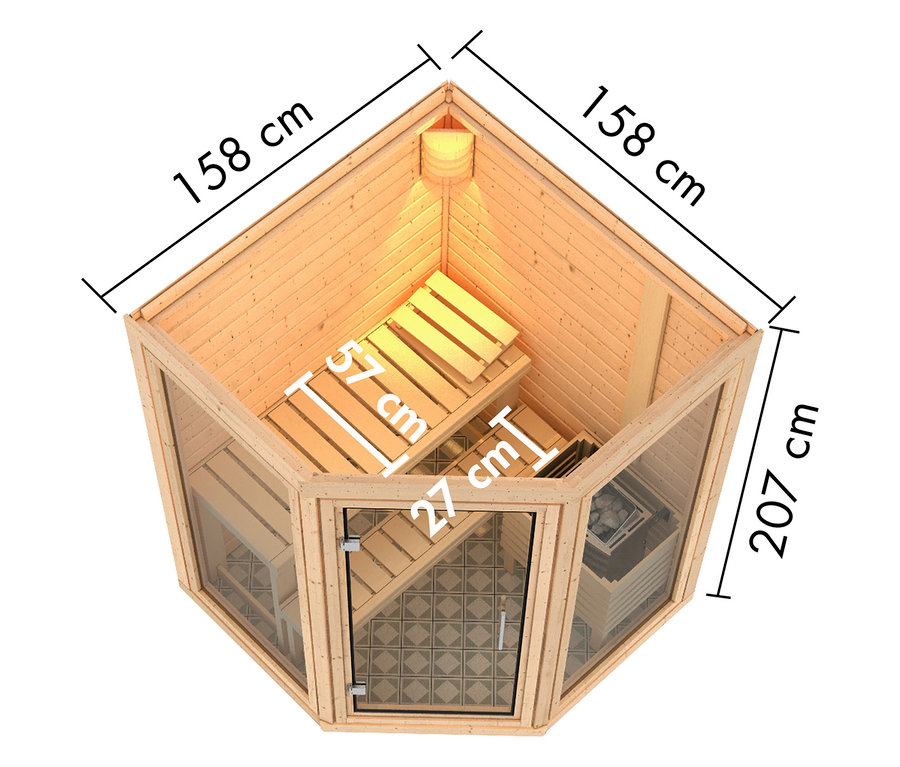 Ecksauna mit Holzverkleidung, Glaswänden und Holzbänken im Inneren.