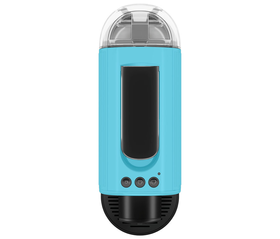 Hellblaue Kaffeemaschine mit durchsichtigem Wassertank.