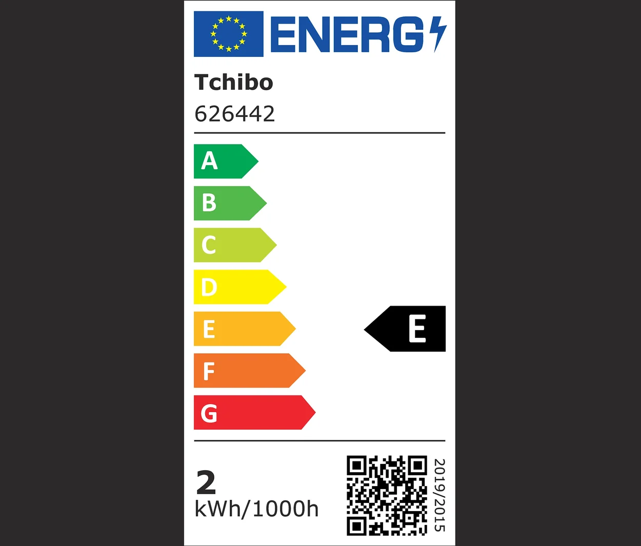 Energielabel mit den Verbrauchsklassen A bis G, Tchibo Produkt 626442 und einem Verbrauch von 2 kWh/1000h.