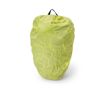 Gelbe Rucksack-Regenschutzhülle mit grauem geometrischen Muster.