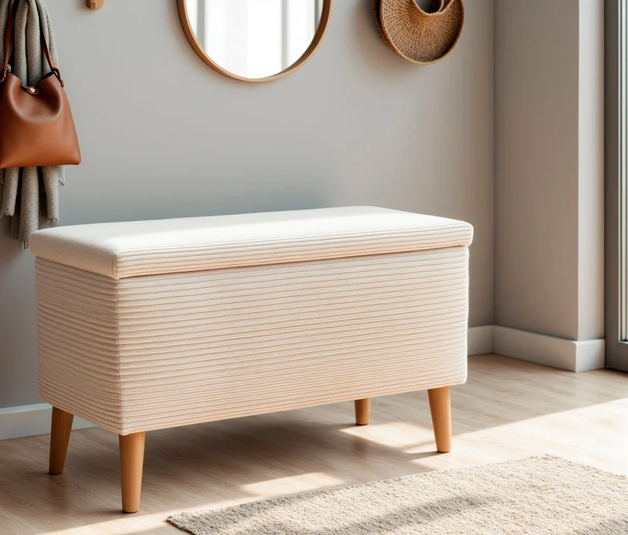 Ein cremefarbener DOMO Hocker mit Stauraum steht im Flur.