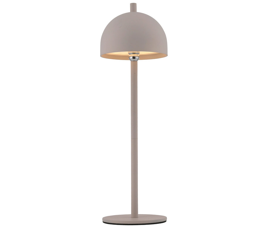 Stehlampe mit rundem Lampenschirm.