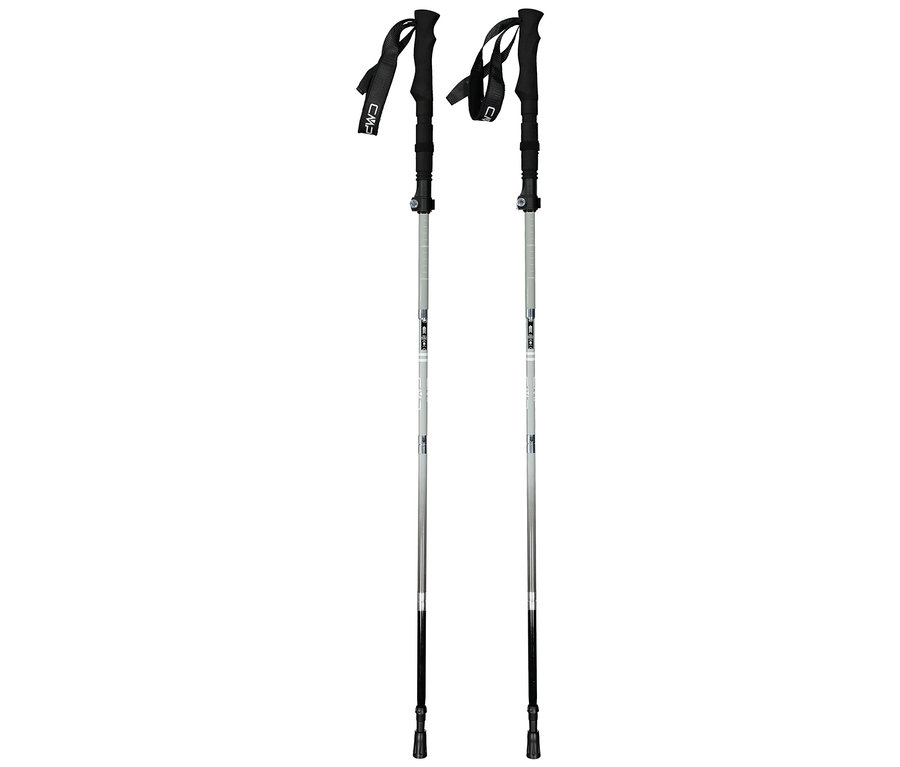 Zwei silberne Wanderstöcke mit schwarzen Griffen und Handschlaufen stehen auf einem weißen Hintergrund.