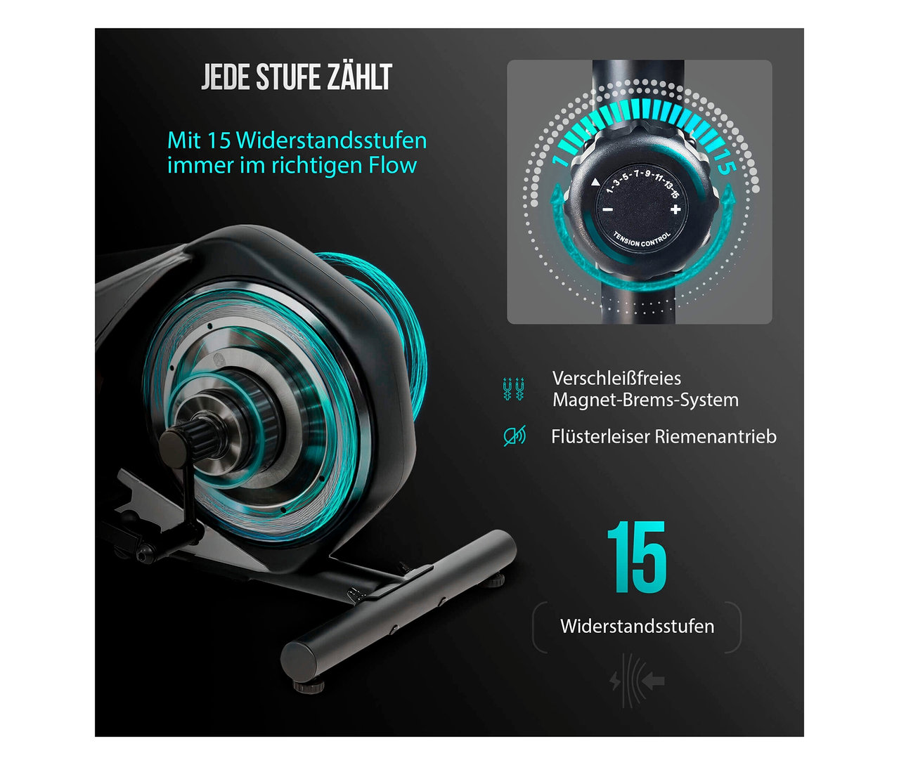 Nahaufnahme eines Christopeit Crosstrainer "CT 5", der 15 Widerstandsstufen zeigt.