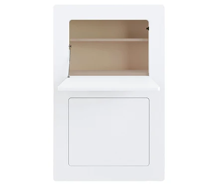 Weißer Badezimmerschrank mit offener Klappe und Fach.