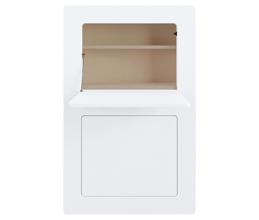 Weißer Badezimmerschrank mit offener Klappe und Fach.