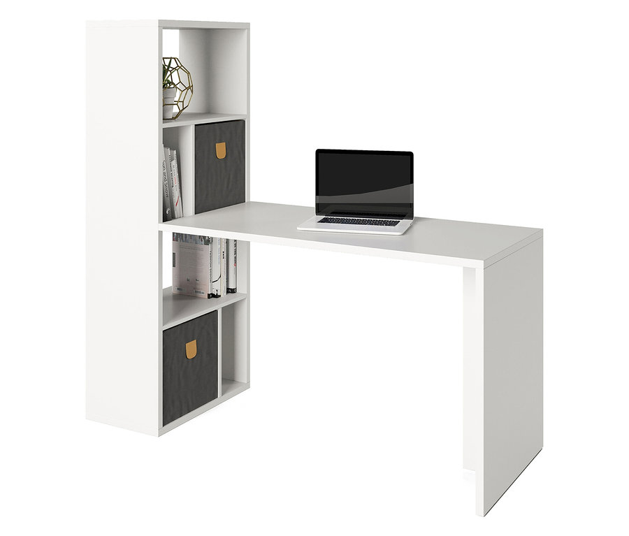 Weißer Schreibtisch mit Regal und Laptop.