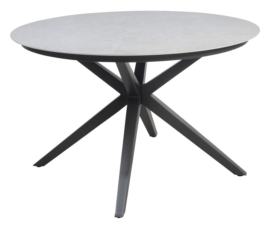 Ein hellgrauer deVries Tisch mit einem Durchmesser von ca. 120 cm.