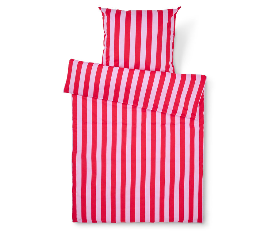 Bettwäsche-Set mit roten und hellrosafarbenen Streifen, bestehend aus einem Kissenbezug und einem Bettbezug.