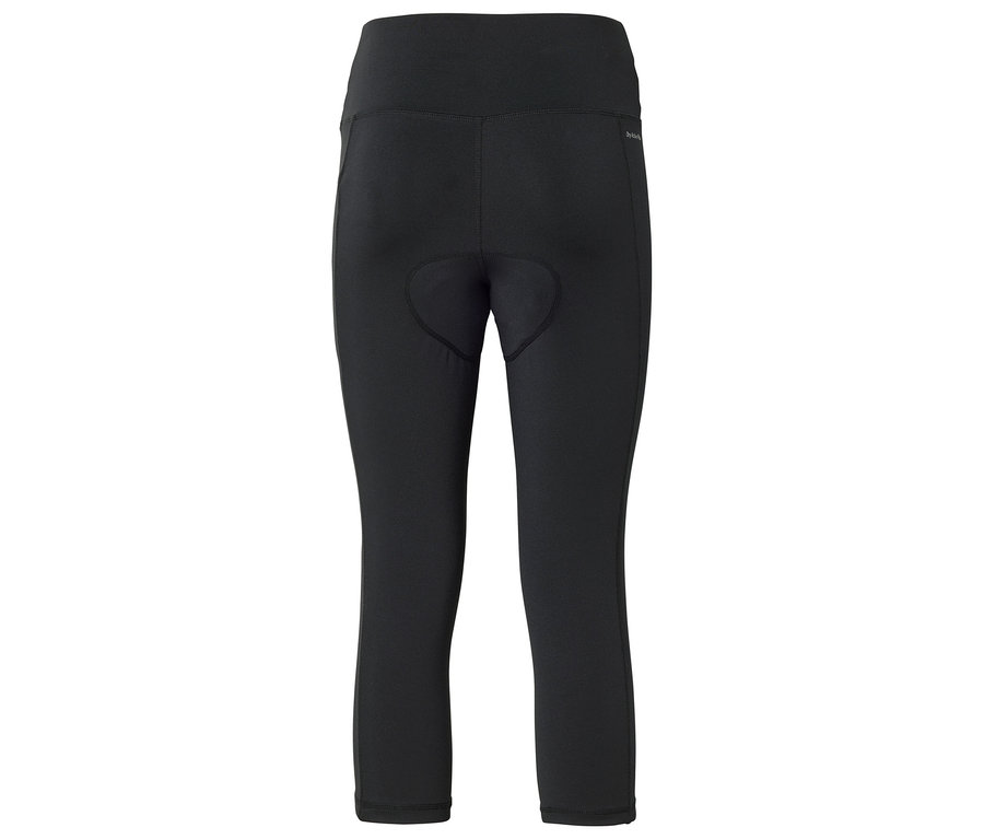 Rückansicht einer schwarzen, knielangen Radhose mit hohem Bund.