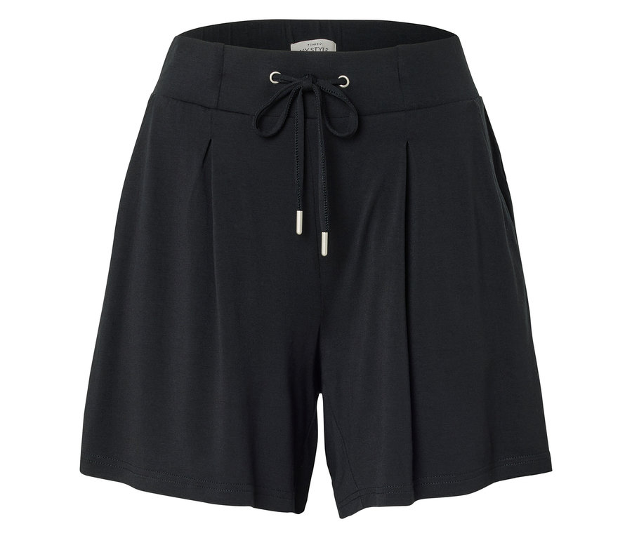 Schwarze, kurze Stoffhose mit Kordelzug und silbernen Details.