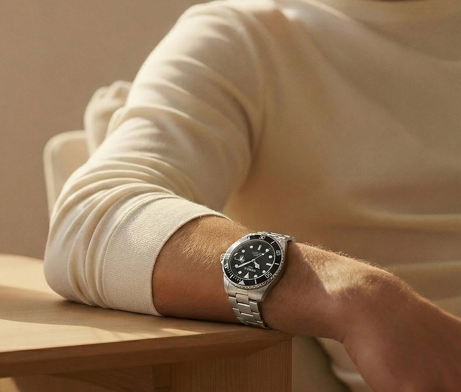 Nahaufnahme des Arms einer Person mit einer silbernen Armbanduhr mit schwarzem Zifferblatt auf einem Holztisch.