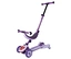 Nahaufnahme des lila Hudora 4-in-1-Scooters, Lavendel mit Sitz und Lenkstange vor weißem Hintergrund.