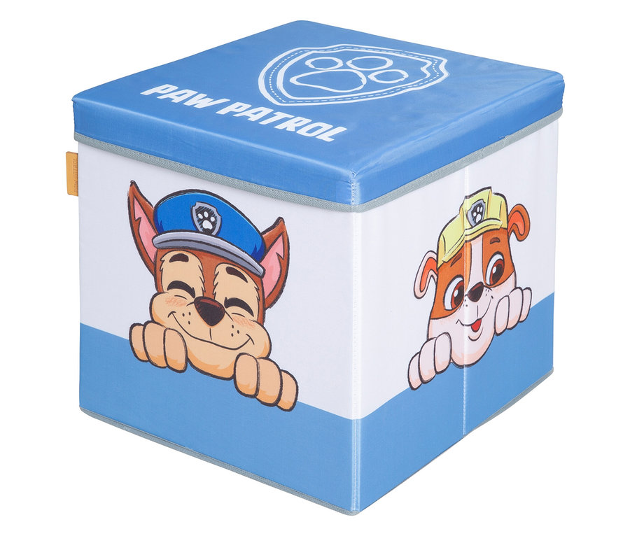 Quadratischer Paw Patrol Hocker mit den Abbildungen von Chase und Marshall.