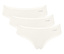 Drei weiße Sloggi Slips mit Spitzenrand liegen übereinander.
