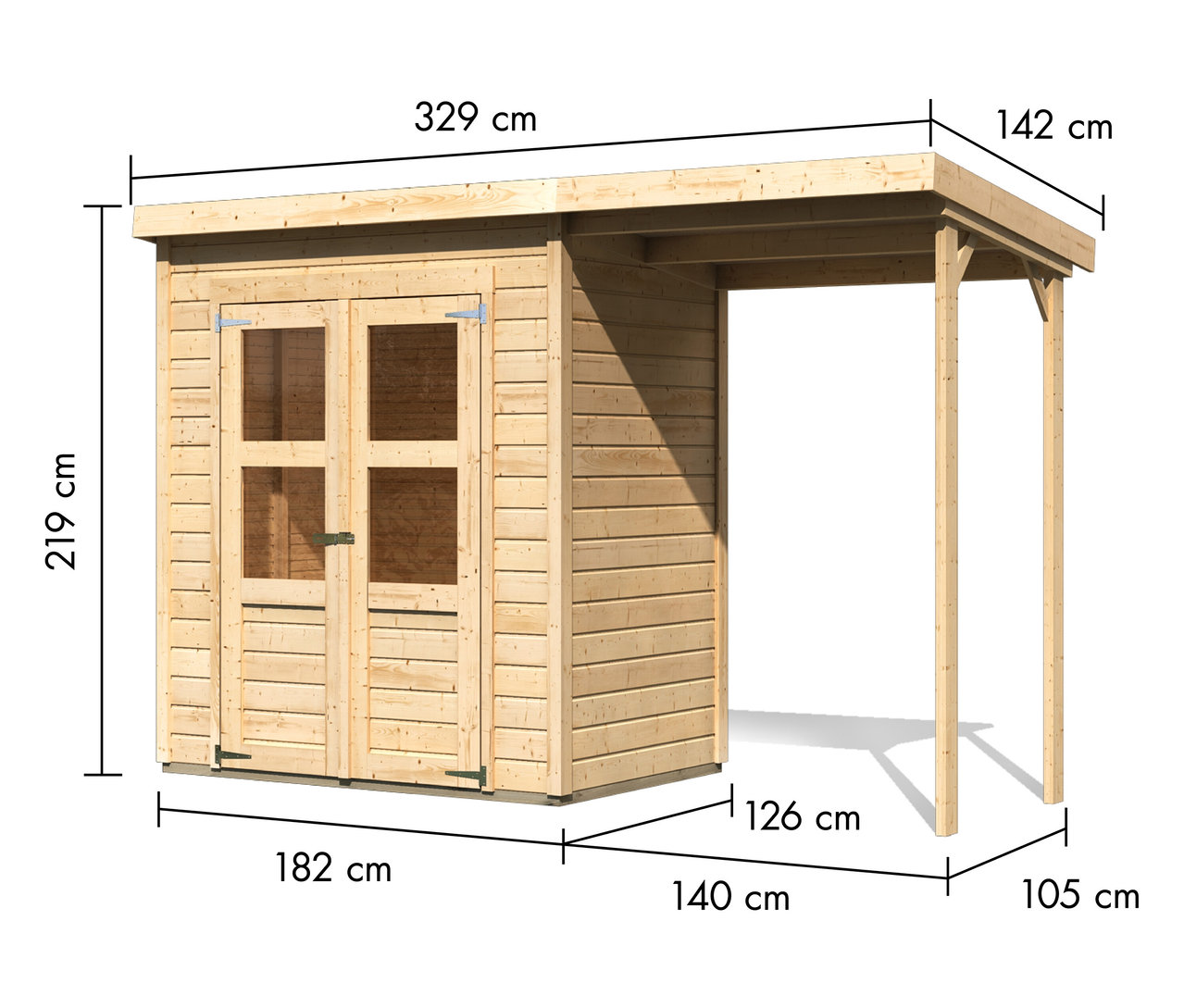Illustration eines unbehandelten Holzgartenhauses mit Anbau und Maßangaben.