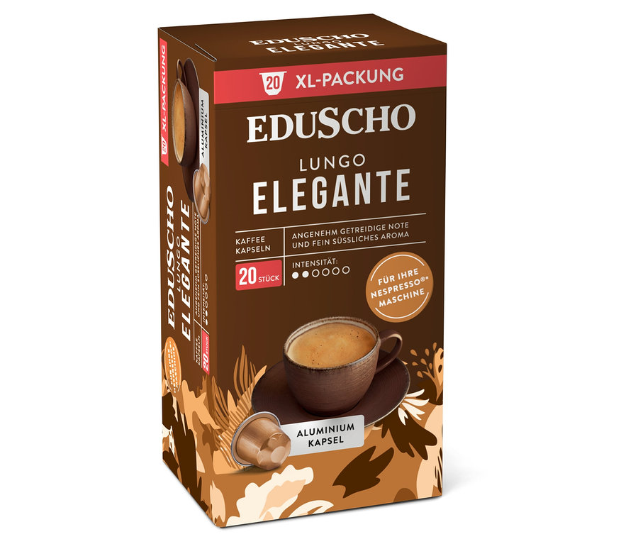 Eine Packung Eduscho Lungo Elegante Kaffeekapseln mit einer Tasse Kaffee und einer Kapsel im Vordergrund.