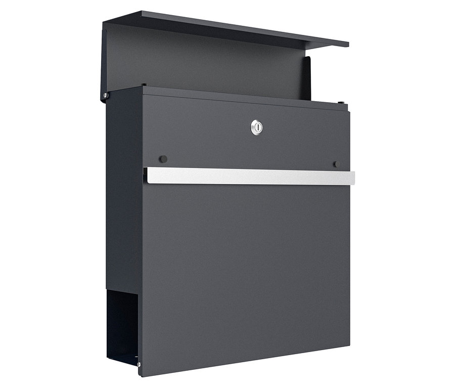 Ein grauer Briefkasten mit einer silbernen Stange ist an einer Wand montiert.