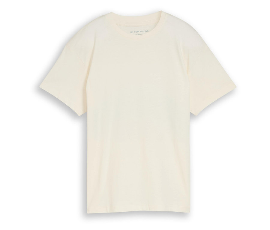 Ein cremefarbenes Tom Tailor T-Shirt liegt auf einem weißen Hintergrund.