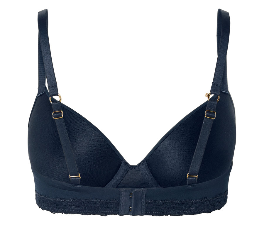 Nahaufnahme der Rückseite eines marineblauen BHs mit verstellbaren Trägern und einem Spitzenband.