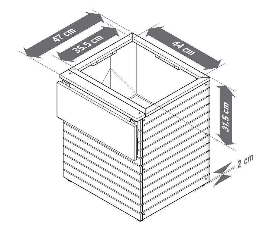 Abbildung eines Pflanzkastens mit Ausklapptisch »Tinus« mit Maßangaben.