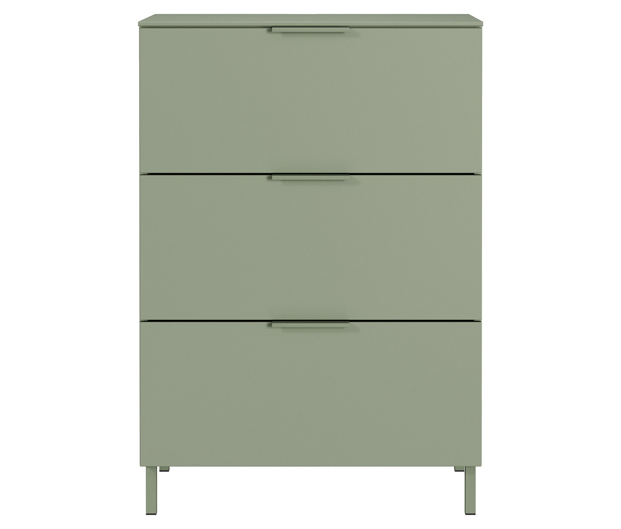 Kleine, taupegrüne Kommode »Savoca« mit drei Schubladen und Griffen.
