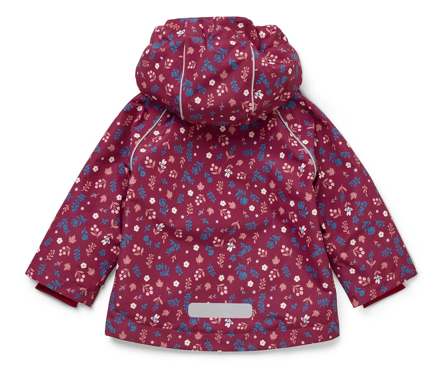 Burgunderfarbene Jacke mit Kapuze und Blumenmuster, von hinten gesehen.
